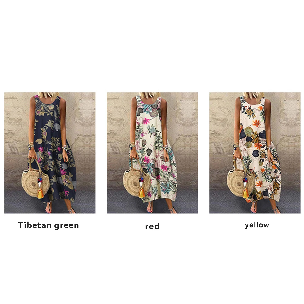 Vestido de verano sin mangas con estampado Floral para mujer, ropa informal de lino y algodón con cuello redondo