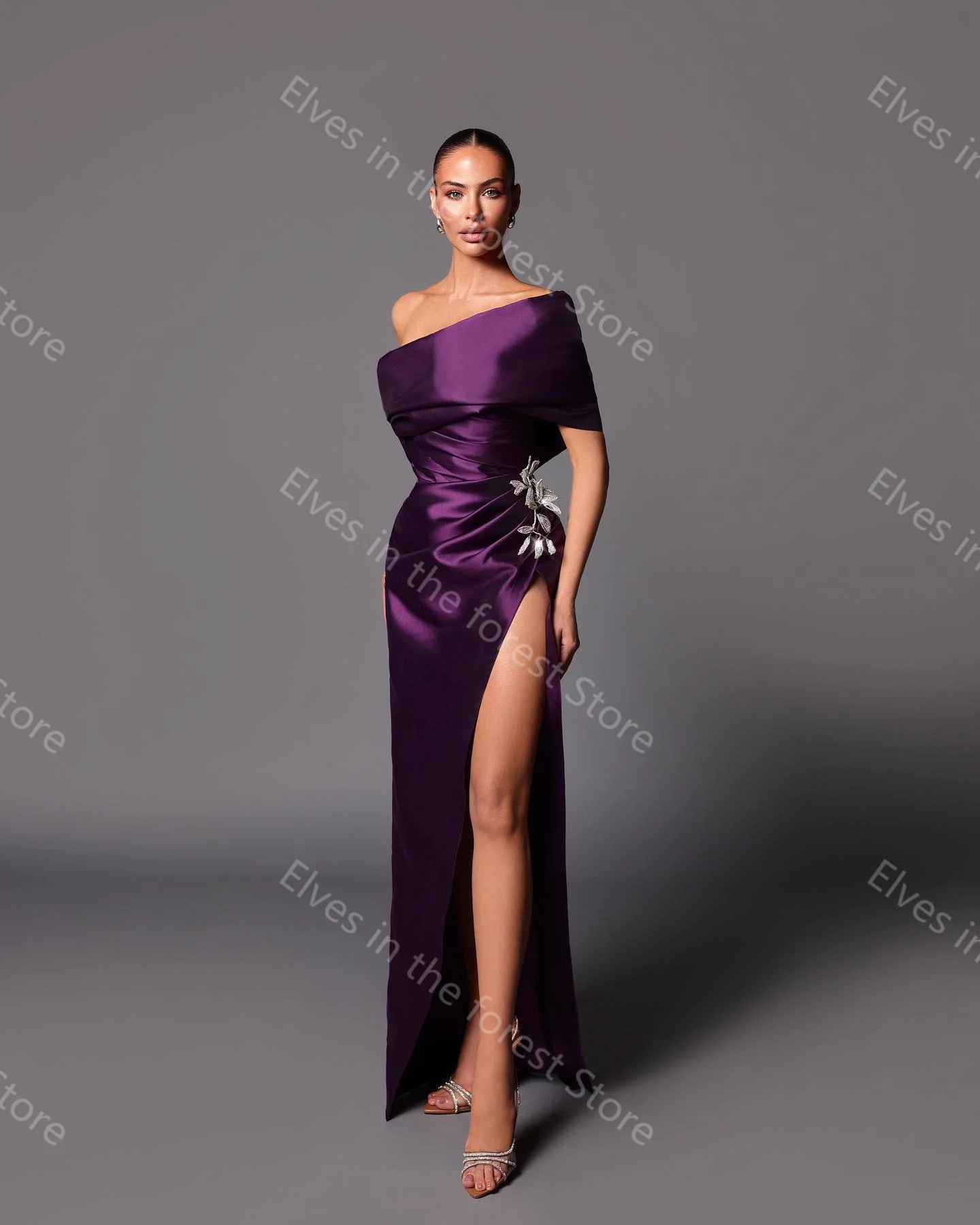 Vintage Purple Evening Dresses Glitter Crystals Appliques Women Party Gowns with Deatchable Train Sexy Side Split Prom Dresses