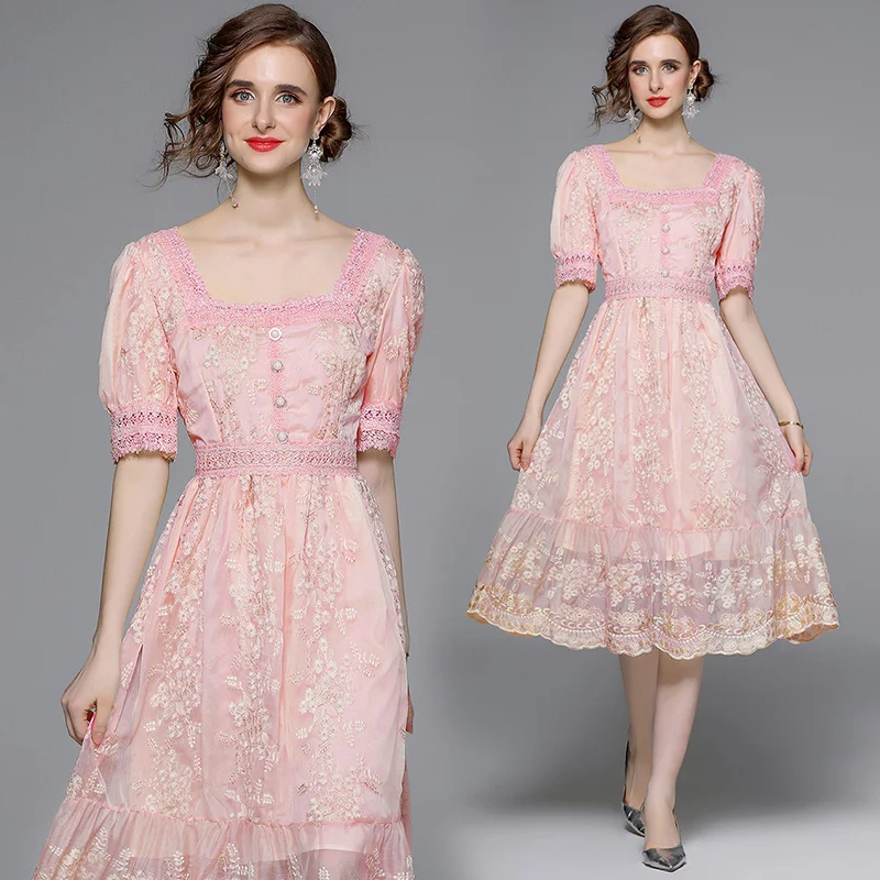 

French sweet pink retro embroidered dress with waist cinching and long skirt summer dress women dress for women