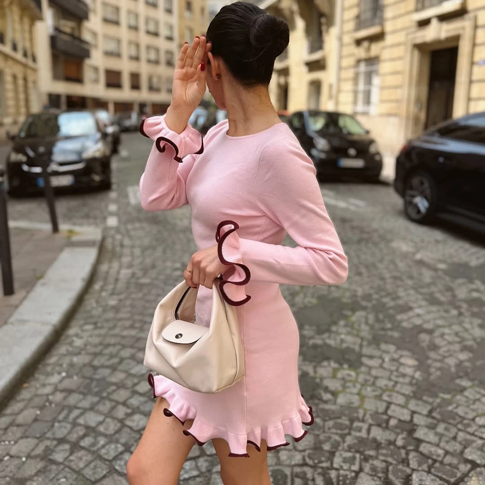 

Ticketsx Yellow Curled Edge Knitted Mini Dress Women's O Neck Flare Long Sleeve Slim Vestido 2025 Lady Casual Holiday Dresses