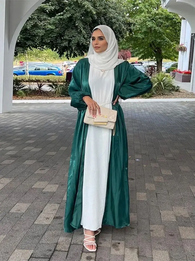 Ramadan Eid Open Satin Kebaya Abaya Dubai Luxury Kimono Kaftan Muslim Islam Dress Abayas For Women Caftan Robe Femme Musulmane