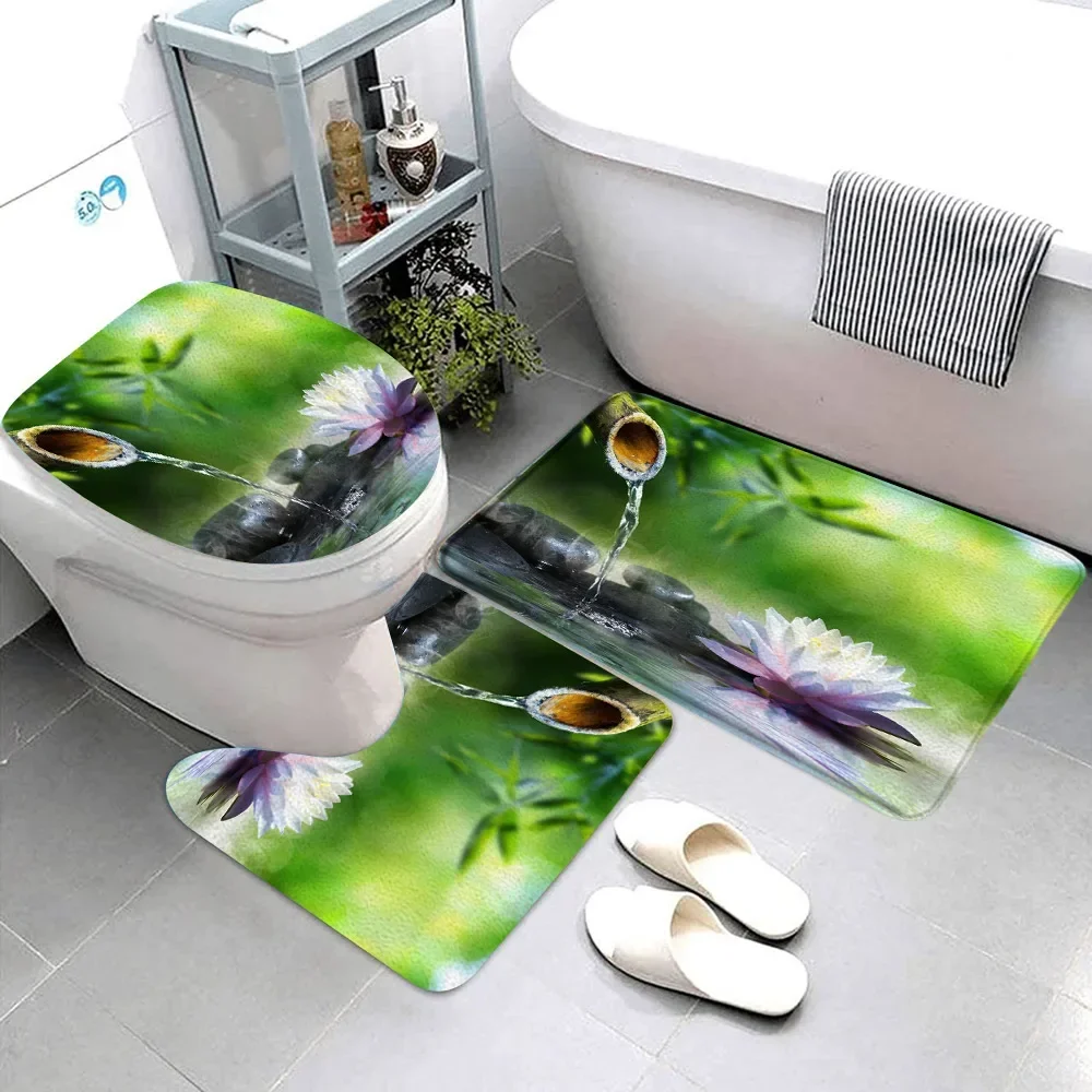 Zen Bathroom Rug Set Green Bamboo Meditation Black Pebbles Flowing Flannel Non-Slip Bath Mat Toilet Mat Toilet Decor Carpet Set