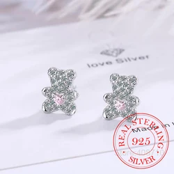 925 Sterling Silver Simple Crystal Cute Pink Heart Bear Stud Earrings for Women Wedding Party Jewelry Gift Pendientes Mujer Moda