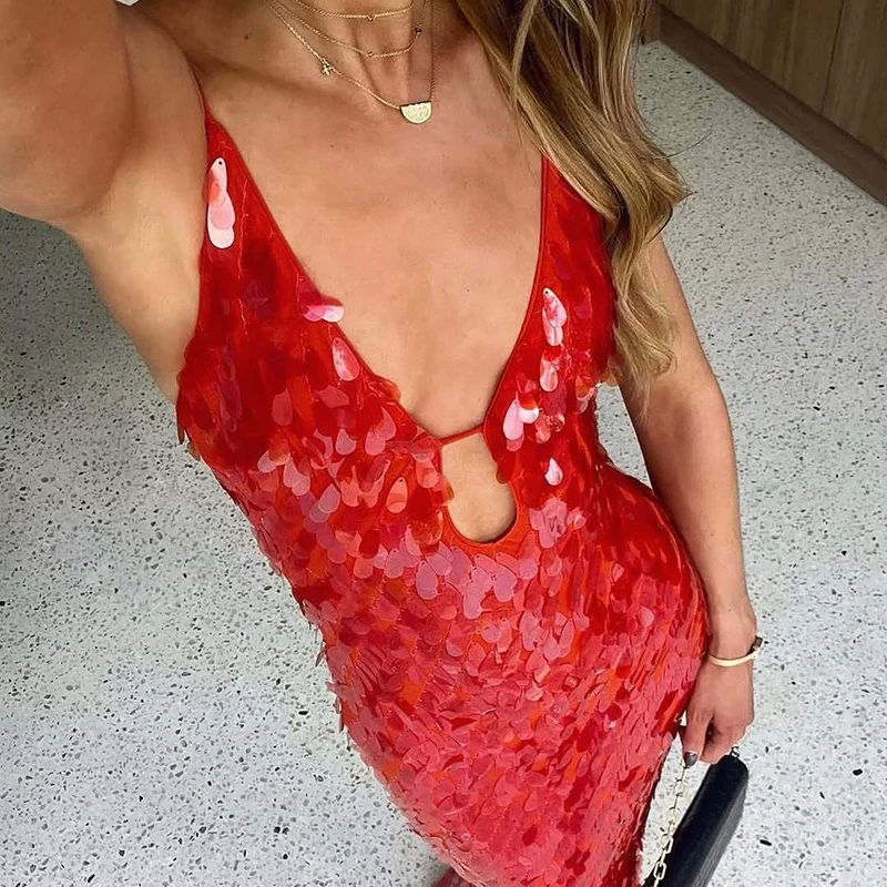 Robe de Cocktail d'été à paillettes, coupe cintrée, Sexy, sans manches, bretelles, taille haute, coupe basse, couleur unie, robe longue de plage