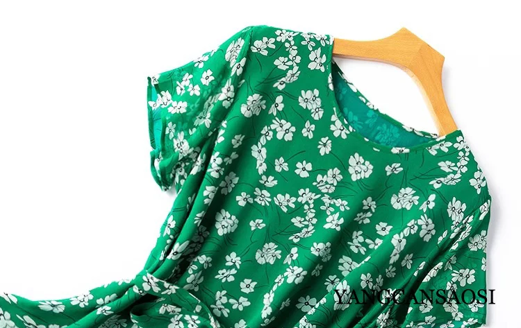 Green Artistic Small Floral Double Layered 100% Natural Mulberry Silk Georgette Round Neck Short Sleeved Flowing Dress