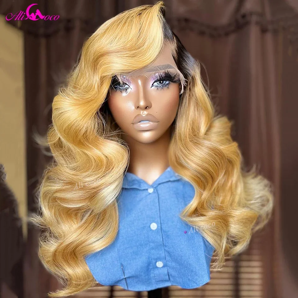 

Ali Coco Honey Blonde With Black Root Human Hair Wigs For Black Women 13X4 Lace Frontal Wigs 180% Density Transparent Lace Wig