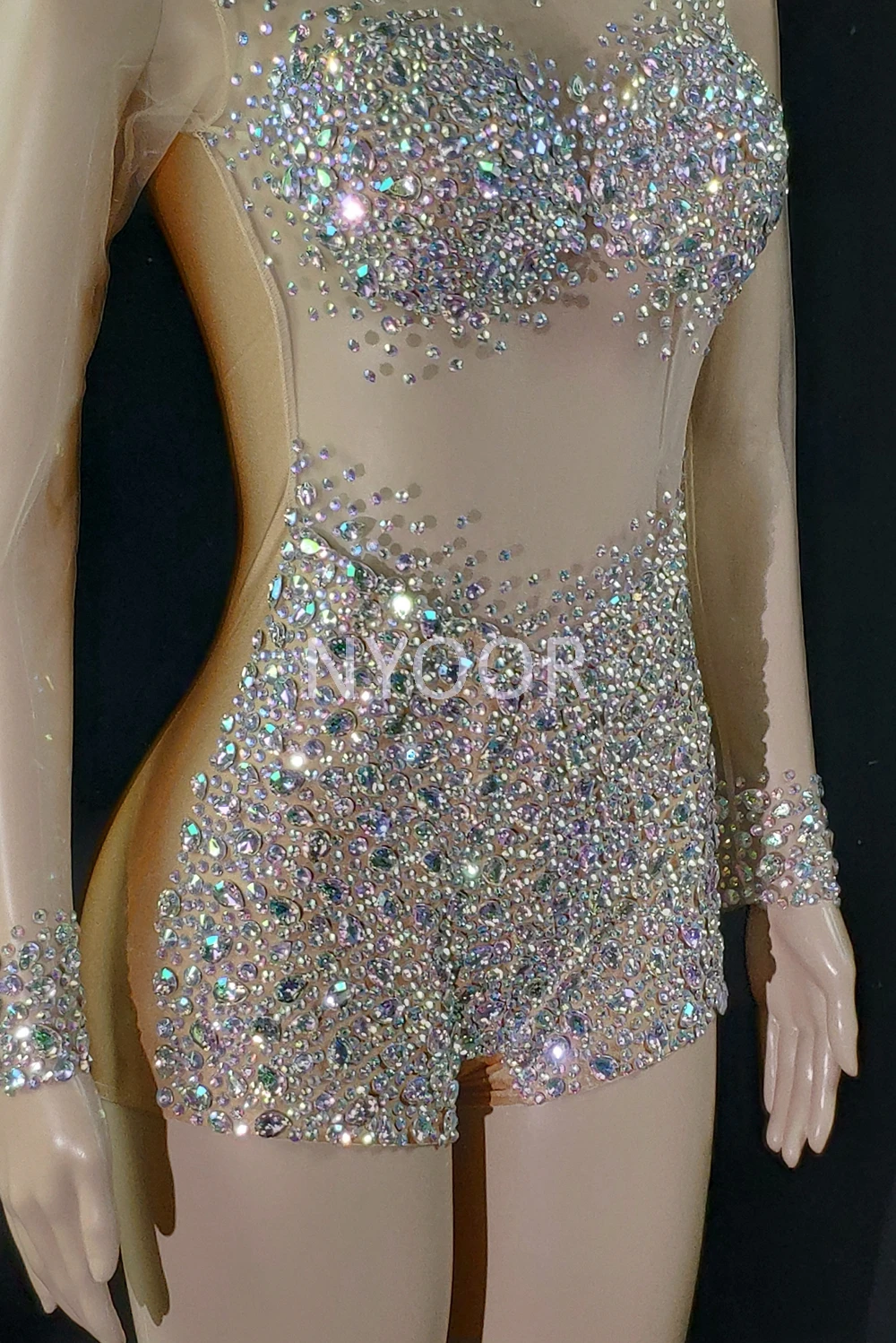 หรูหรา AB Rhinestones Leotard เซ็กซี่ดูผ่านคริสตัลเต้นรำเครื่องแต่งกายผู้หญิงไนท์คลับชุดวันเกิดเวทีแสดงสวมใส่