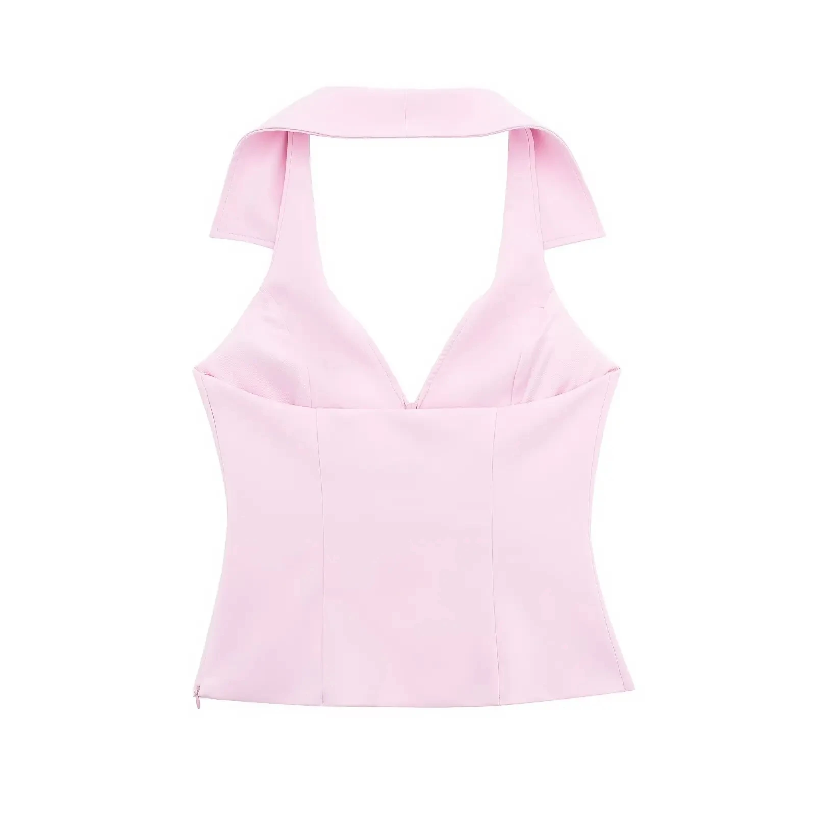 HH 2024 Sommer-Damen-Tanktop, rückenfrei, ärmellos, Neckholder, V-Ausschnitt, abgeschnitten, + A-Linie, hohe Taille, Mini-Shorts, modischer rosa Anzug – Detail 5