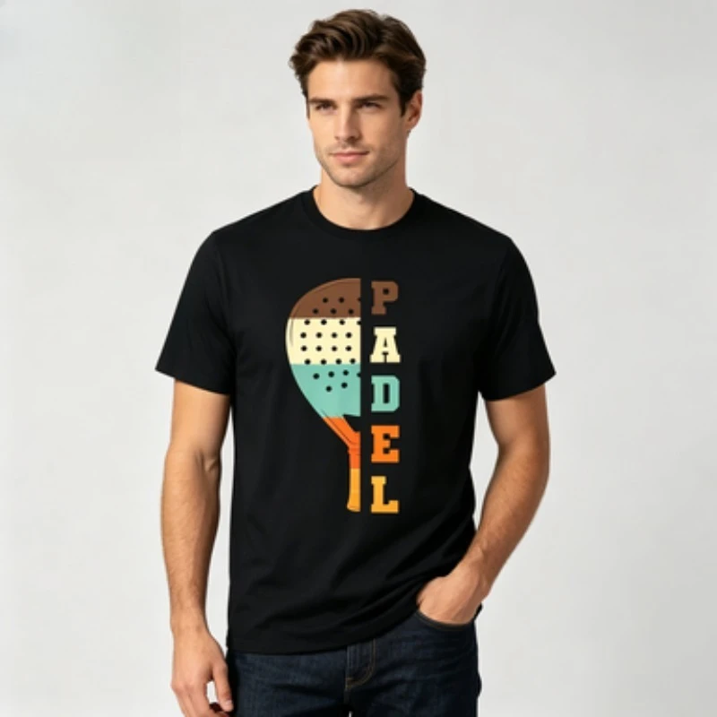 Soft Cotton Men T-Shirt Split Graphic Padel Racket & Vertical Letters Color Block Print  Casual Daily Wear Tops