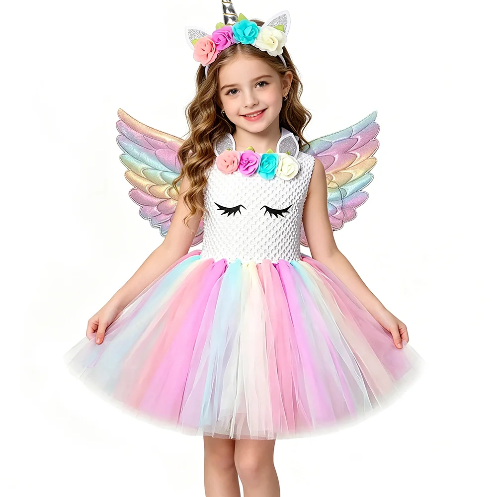 Pastel Flower Unicorn Costume for Girls Tutu Dress with Horns Wings Kids Fairy Tale Horse Outfit for Halloween Carnival Birthday