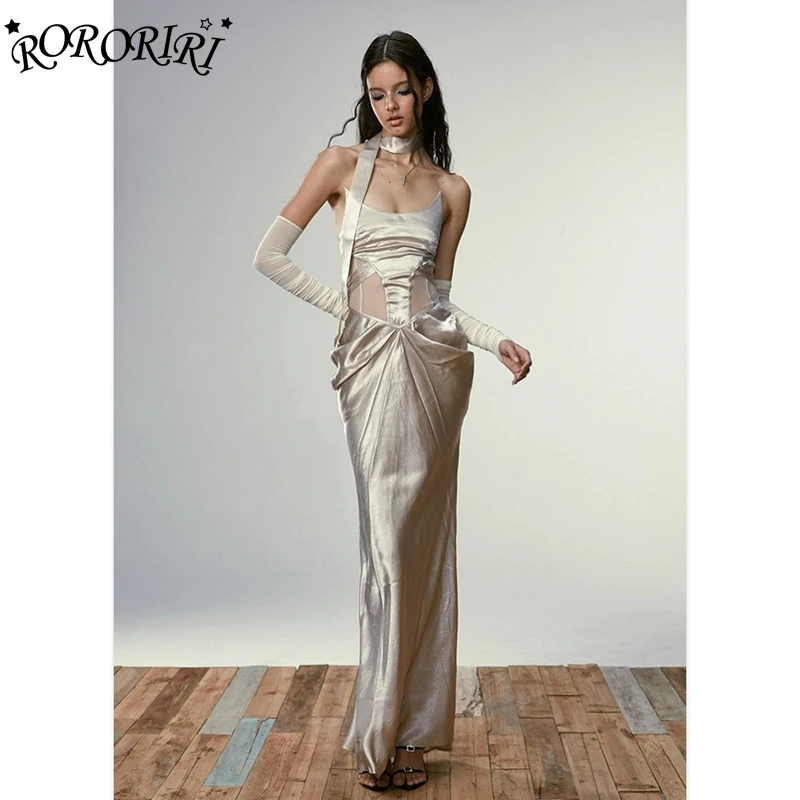 RORORIRI Scarf Neck Boned Mermaid Long Dress Women with Arm Sleeves Strapless Sheer Mesh Stitch Evening Dress Retro Party Gown