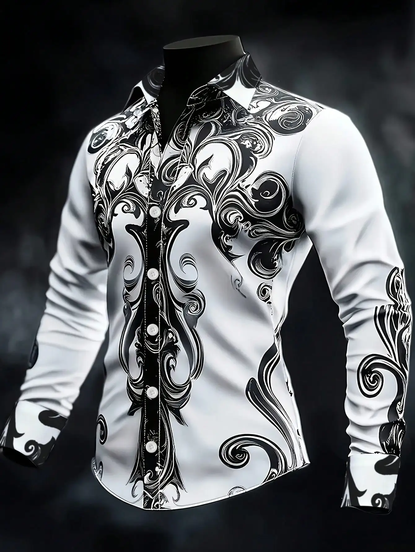

Men's Black and White Swirl Print Long Sleeve Button-Down Shirt, Gothic Casual Formal Style