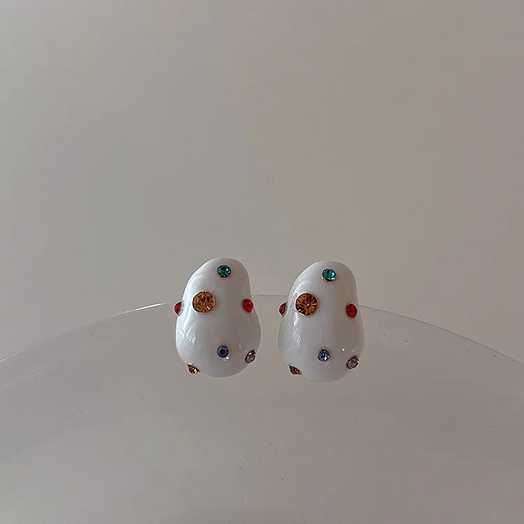 Fashion Designers Irregular White Stud Earrings With Colorful Rhinestones Personality New Pendientes Mujer