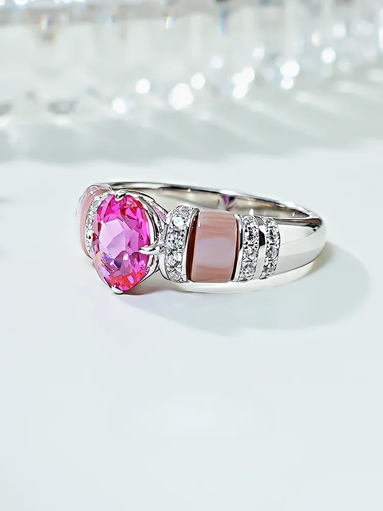 Anillo de turmalina Rosa de Plata de Ley 925 para mujer, conjunto de lujo ligero con polvo de diamante de alto carbono, estilo de concha, joyería de boda