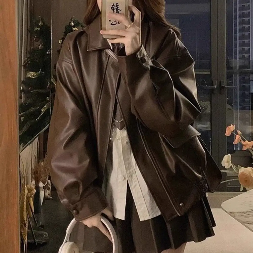 Comfortable Pleated Leather Jacket Women Korean Chic Outerwear Vintage PU Coats Retro Lapel Collar Zipper Overcoat Women