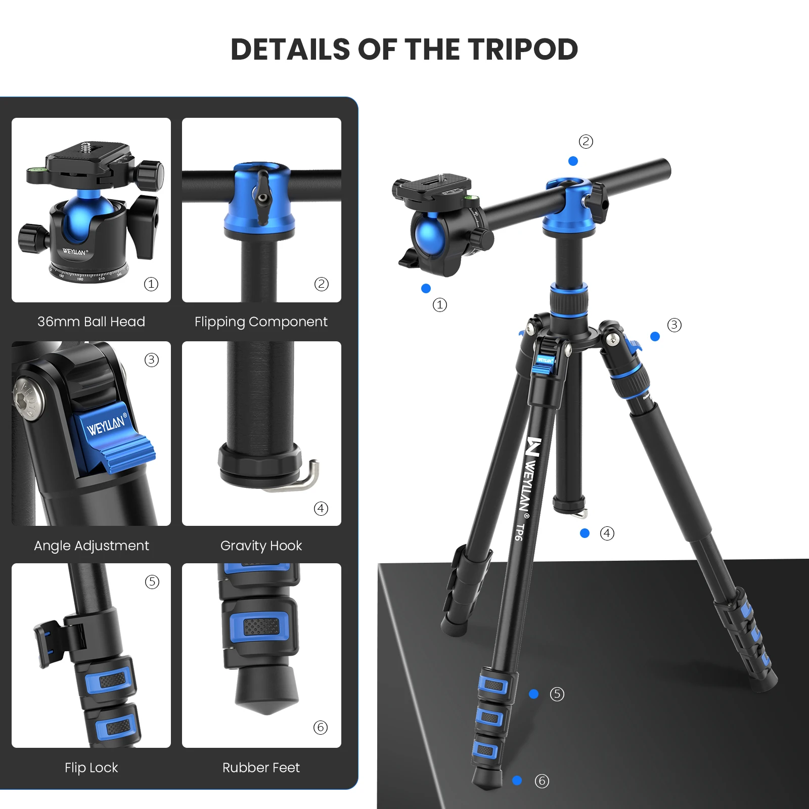 Trípode Horizontal profesional TP6 para cámara con bloqueo abatible más rápido 66,9 \