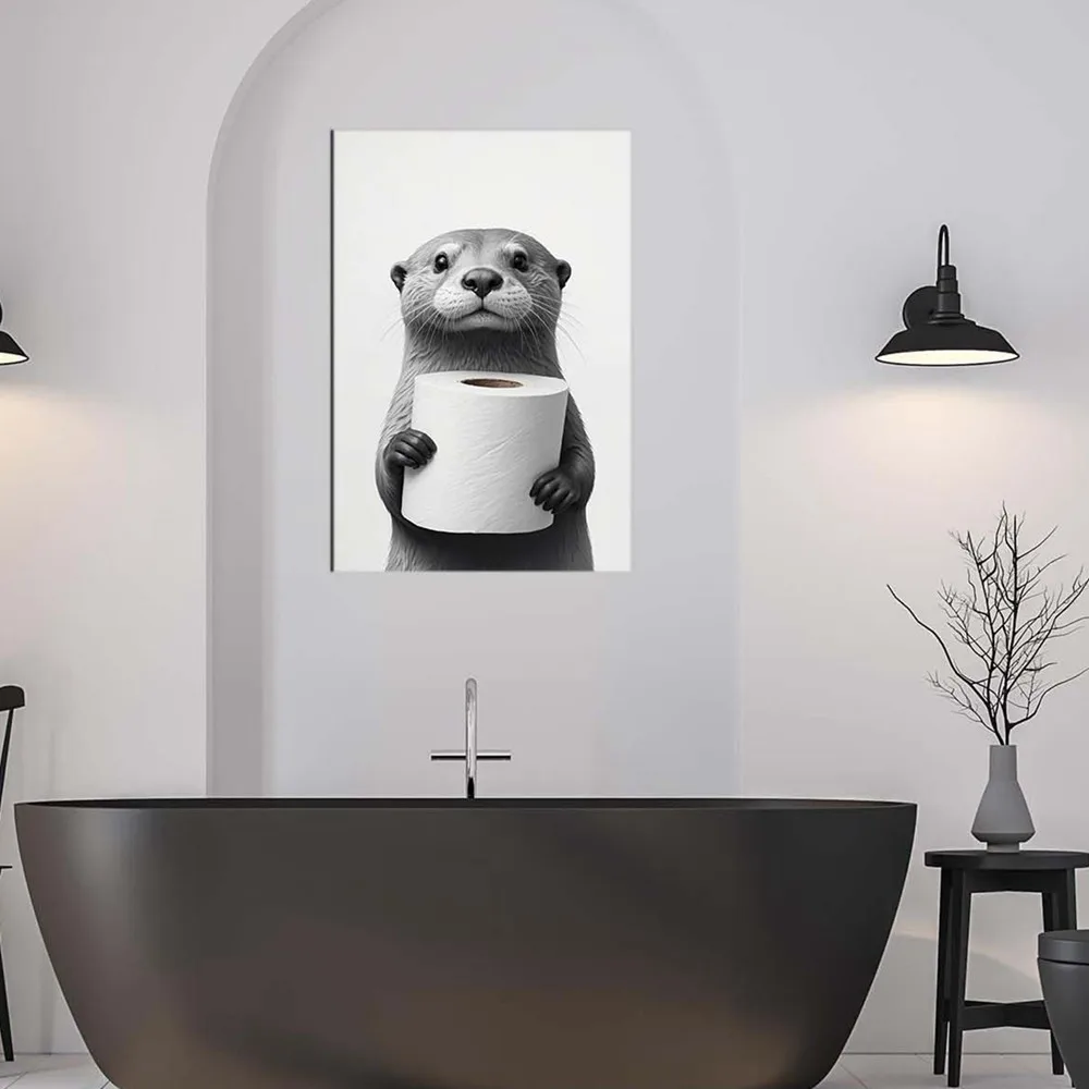 Funny Animal Bathroom Canvas Art Poster White and Black Otter Print Wall Painting Picture for Toilet Bathroom Decor Aesthetics