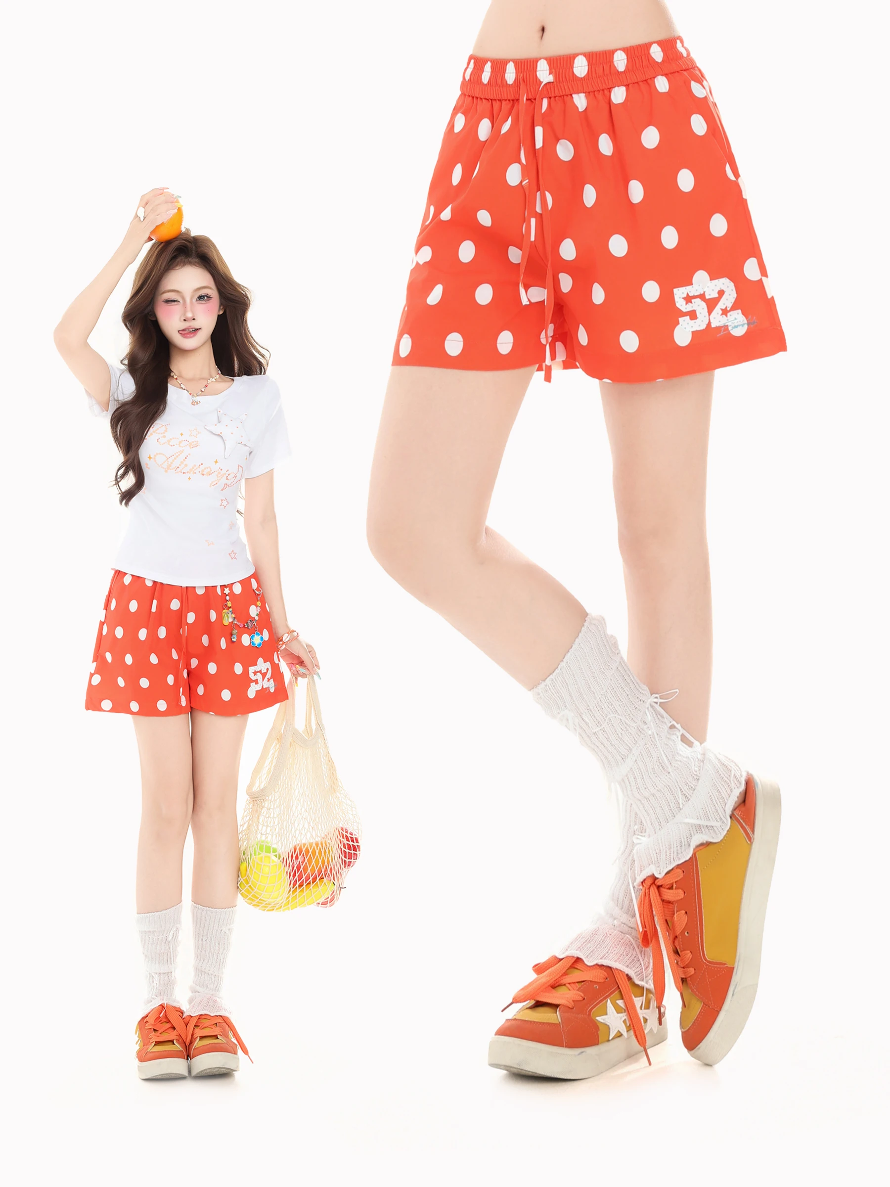 

Женские летние повседневные пляжные шорты HTYM Dopaamine с принтом в горошек, на резинке, прямого кроя, длиной три четверти