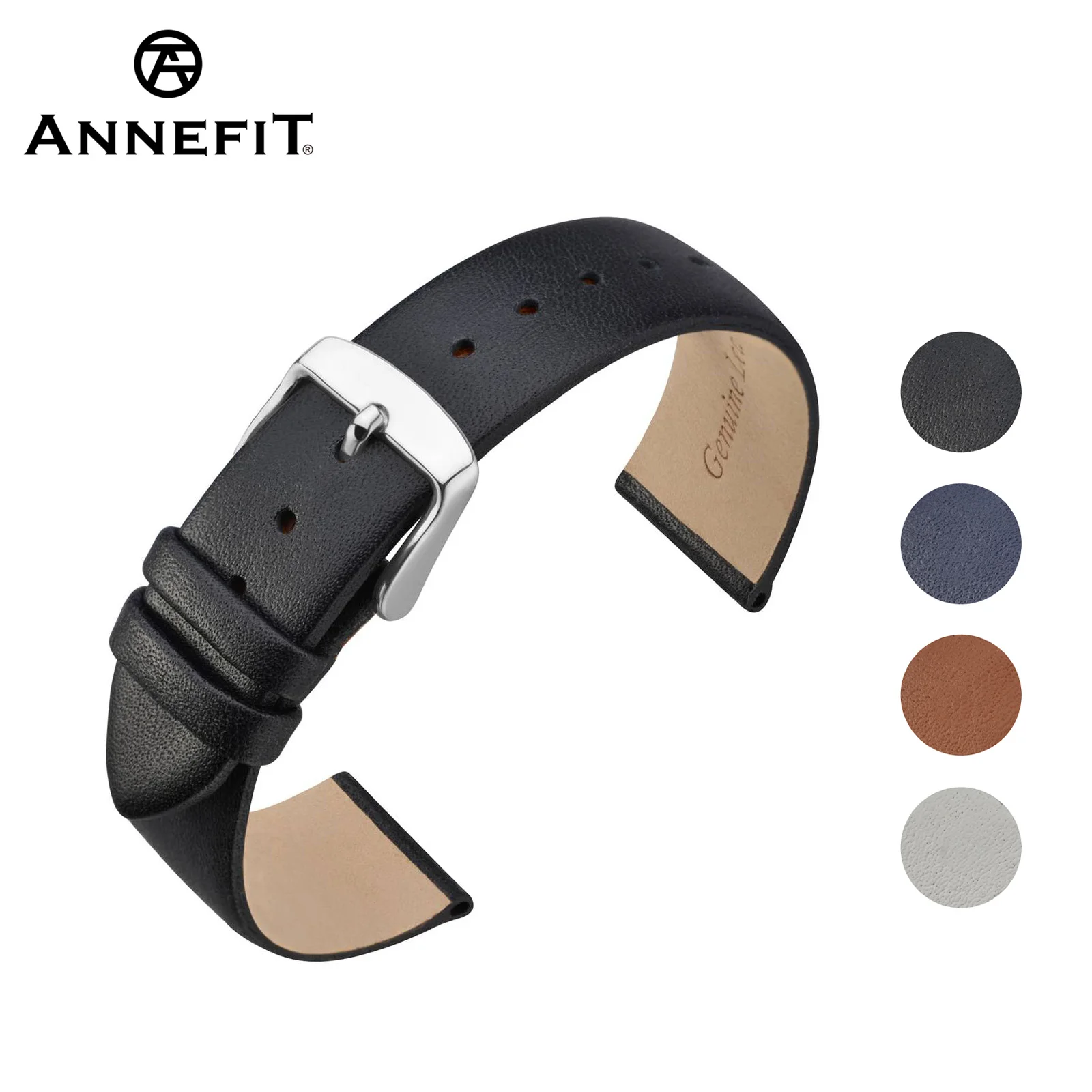 

ANNEFIT Watch Straps 16mm 18mm 20mm 22mm Genuine Calfskin Leather Band with Stainless Steel Buckle for Men and Women