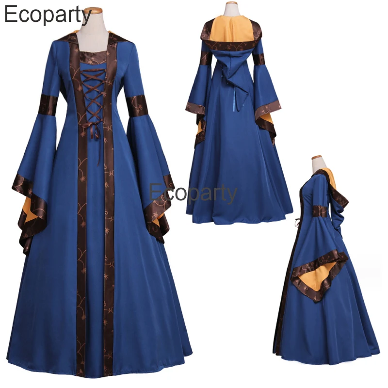 Robe à capuche gothique vintage médiévale pour femmes, robes à manches évasées, robe de princesse noble, cosplay de luxe, costume d'Halloween, nouveau