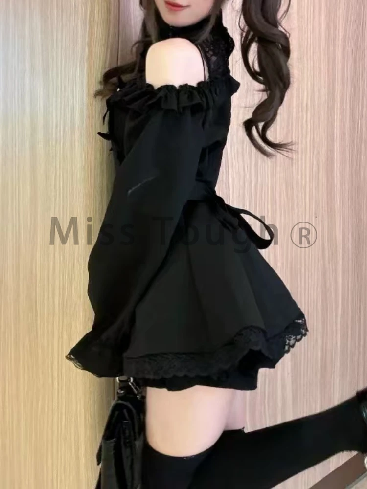 Harajuku Halloween Cos Dark Academia 2 Piece Set Autumn Winter Women New Fashion Black Retro Suit Chic Lace Dress + Short Pants