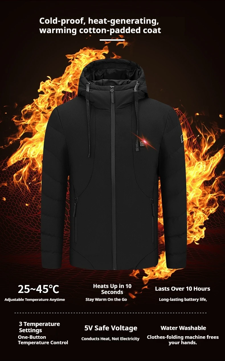 Unisex 4 Area Heated Warmth Jacket Winter Heated Hooded Warm Coat Winter Outdoor Sport Warm Jacket (Not Included The Power Bank)