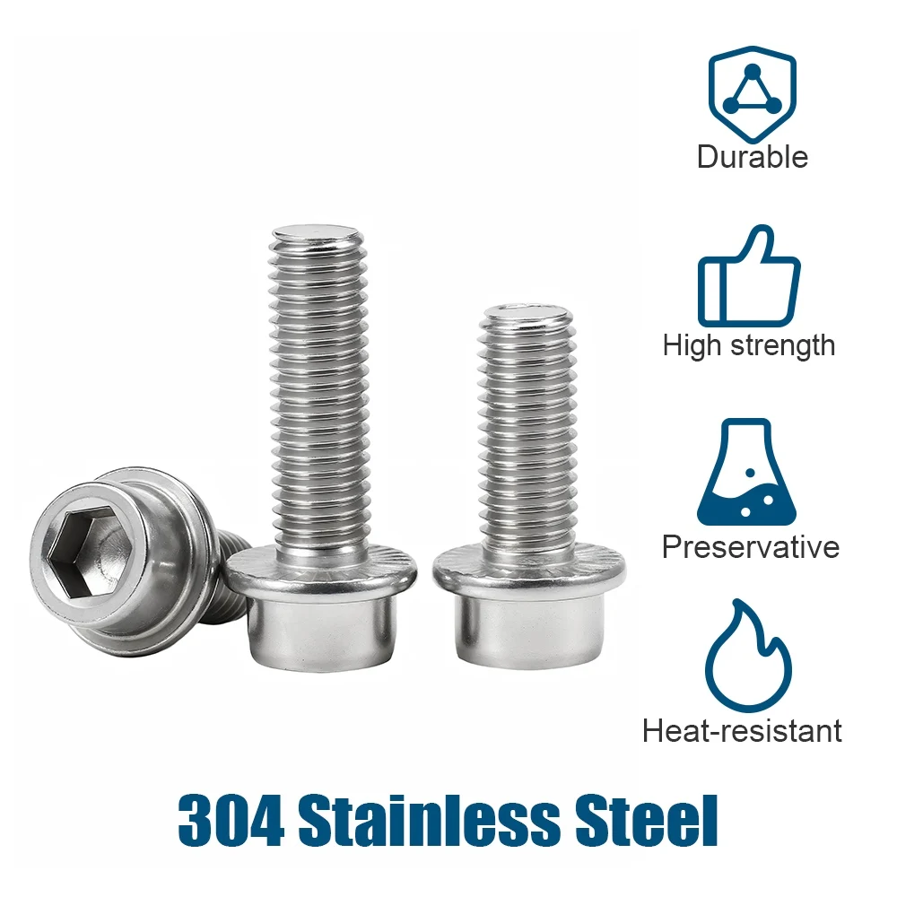 M3 M4 M5 M6 M8 M10 M12 Hex Socket Cap Head Flange Bolts 304 Stainless Steel Allen Socket Screw with Serrated Flange Pad