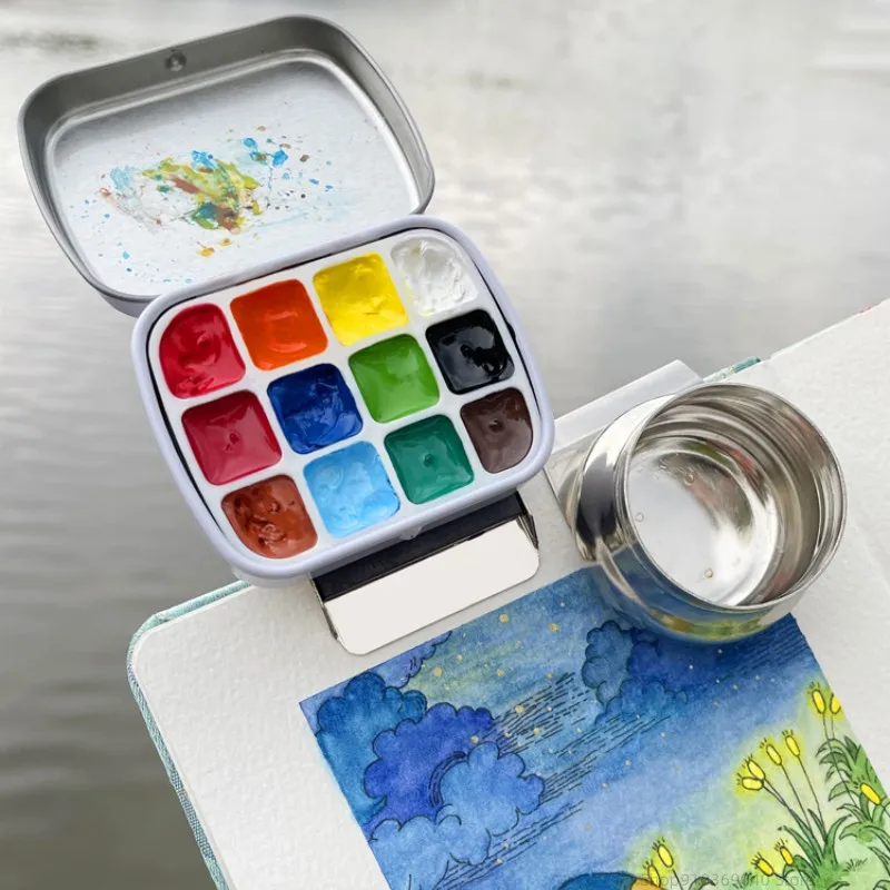 Empty Watercolor Palette Mini Travel Paint Box Metal Watercolor Paint Packing Box Going Out Sketching Painting Art Supplies