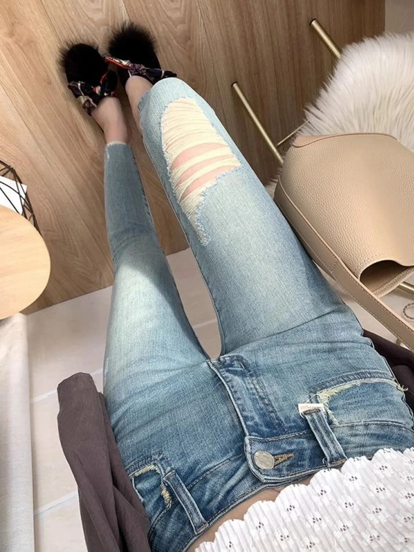 Slim Fit High Waist Denim Jeans Women's Autumn Spring High Elasticity Boot Cut Hole Punching Pure Color Jeans Tight Bodycon