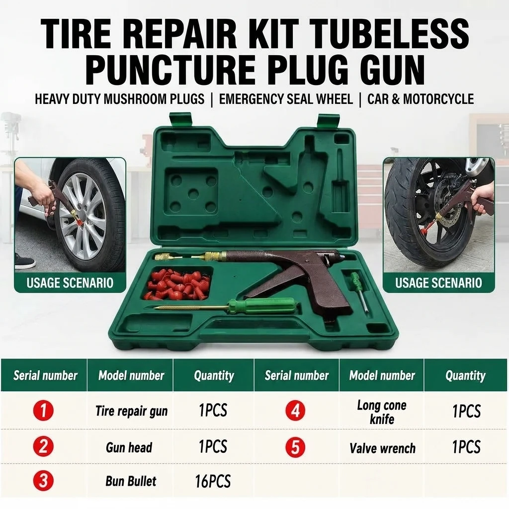 Kit di riparazione pneumatici, pistola per la riparazione di forature su pneumatici tubeless per auto e moto, tappi a fungo resistenti, strumenti di emergenza per la sigillatura e la riparazione di