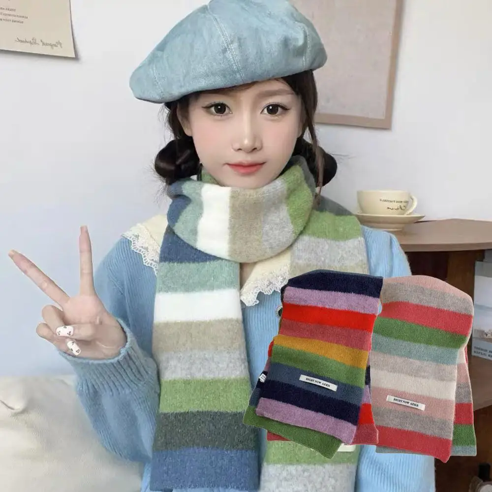 

Multicolor Unisex Scarf Rainbow Stripes Mohair Scarf Stripes Wool Short Scarf Girl's Winter Neck Warmer Vintage Sweet Scarves