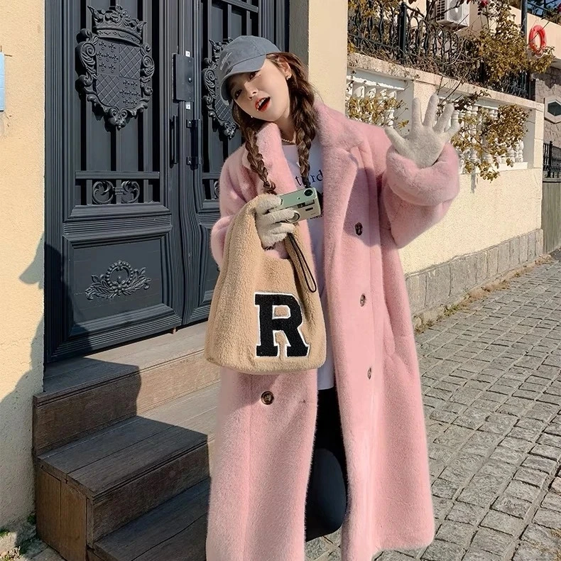 2025 nuevas mujeres de imitación de piel de conejo temperamento abrigo de invierno cálido grueso abrigo largo chaqueta de piel de doble botonadura