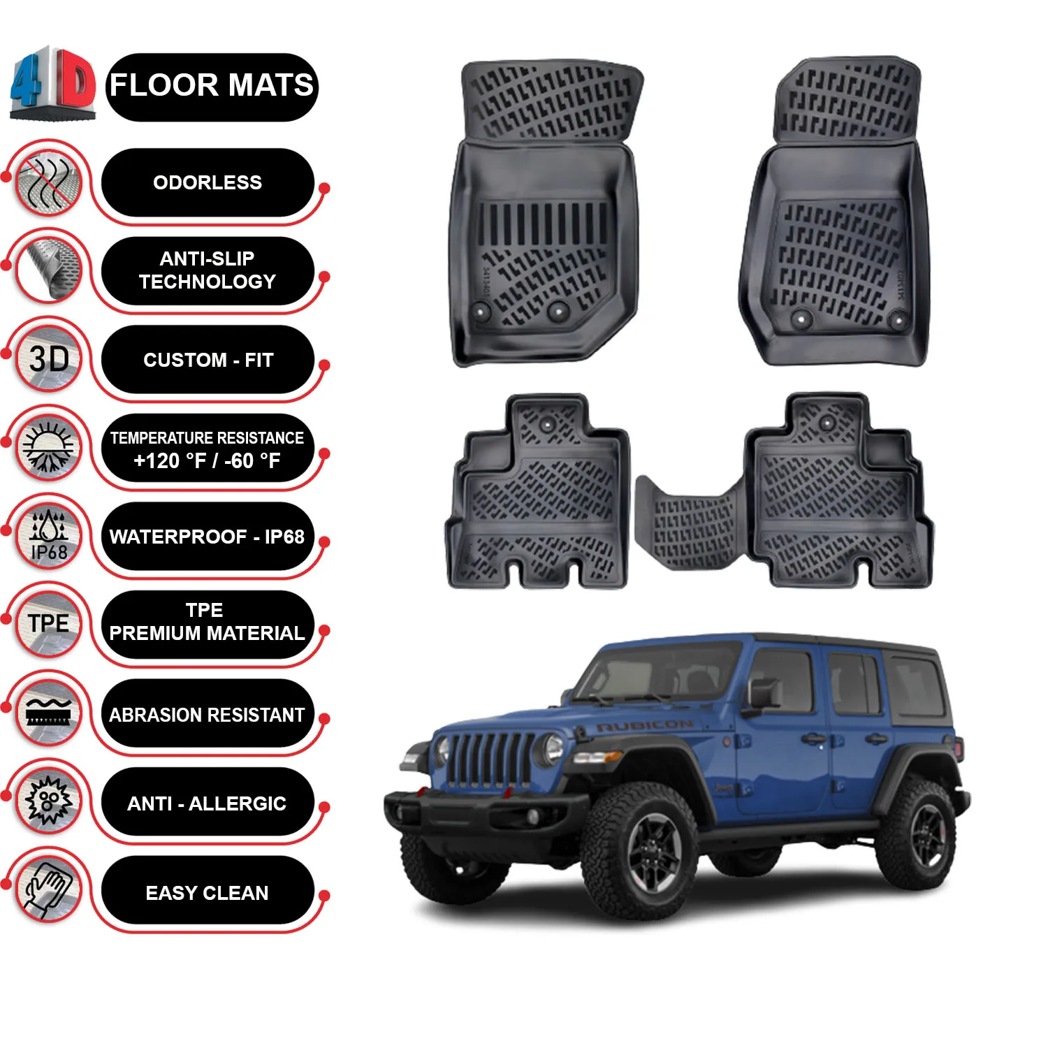 Jeep Wrangler - (2017-2022) Floor Mats Liner Waterproof 3D - (Black)