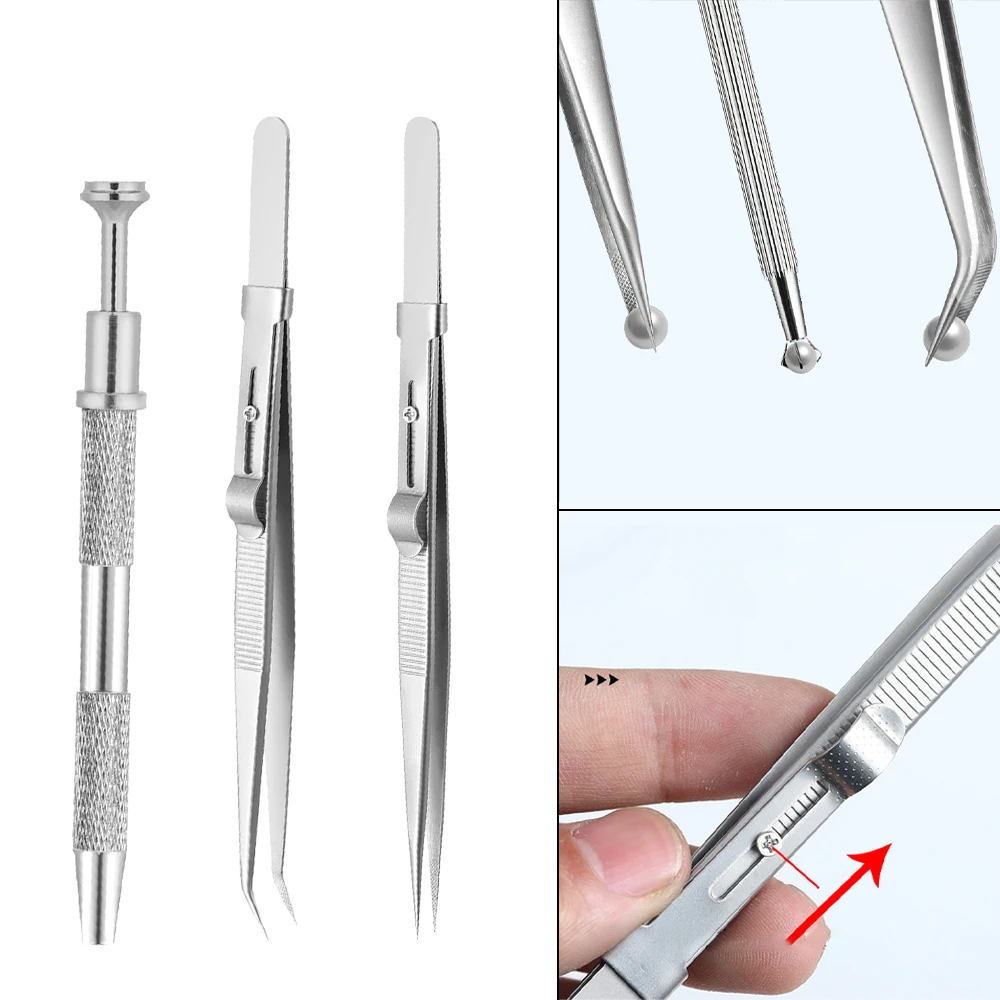 1/2/3Pcs Piercing Ball Grabber Tool Set Diamond Tweezers Jewelers Holder Pick up Locking Tweezers For Tiny Objects IC Chip