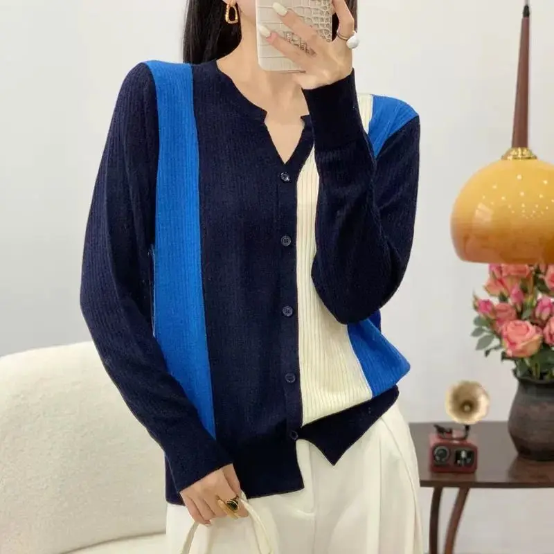 Autumn Woman's Clothing All-match V-neck Grace Fashion Knitwear Cardigan Color Collision Youth Lively Leisure Casual Elasticity