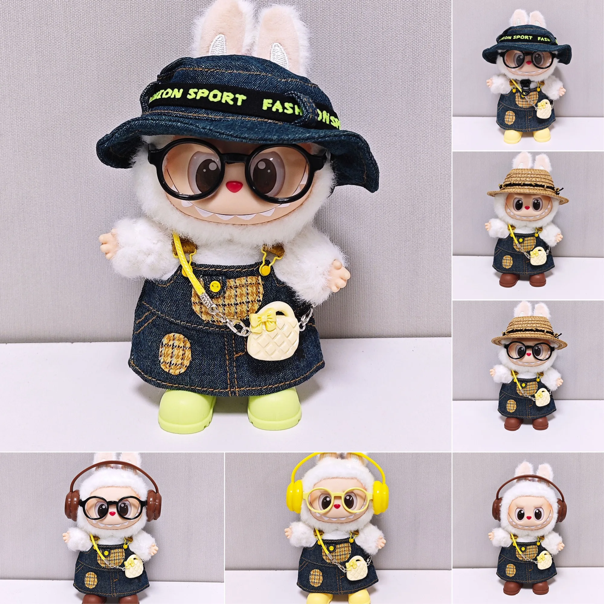 

Clothes For Labubu Denim Skirt With Fisherman Hat Headphone Set Clothing Accessories Suitable For 15 Cm 17 Cm 1st To 3rd Gen
