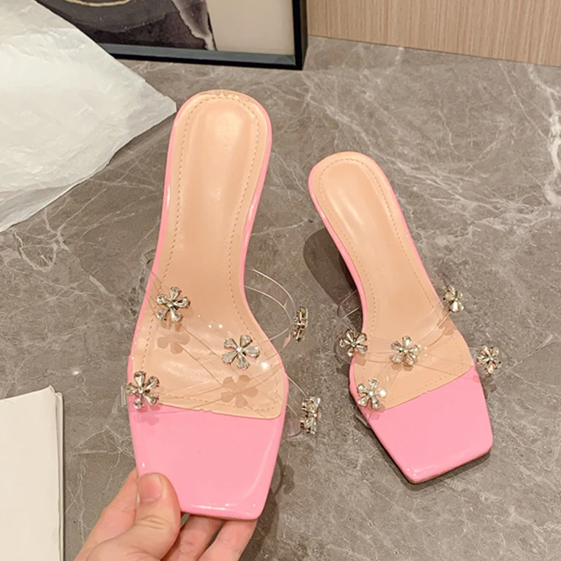 Liyke Size 35-42 Women's White Pink High Heels Slipper Fashion Crystal Flowers Designer Sandal PVC Transparen Shoes Mules Slides