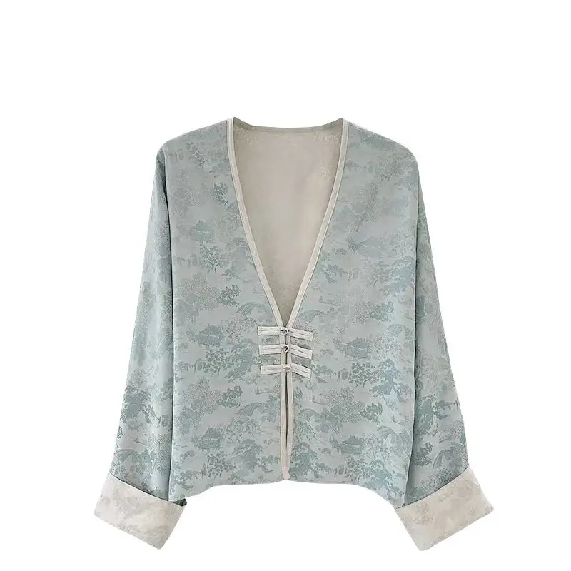 

2026 New Blue V-neck Jacquard Coat Women Casual Jacket Soft Chinese Long Sleeve Frog Button Outerwears Spring Summer Tops