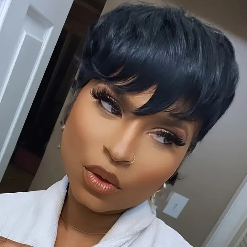 Elegant Pixie Cut Wig with Bangs for Women 180% Density Virgin Brazilian Human Hair Straight Layered Short Style Bob Wig Prepluk