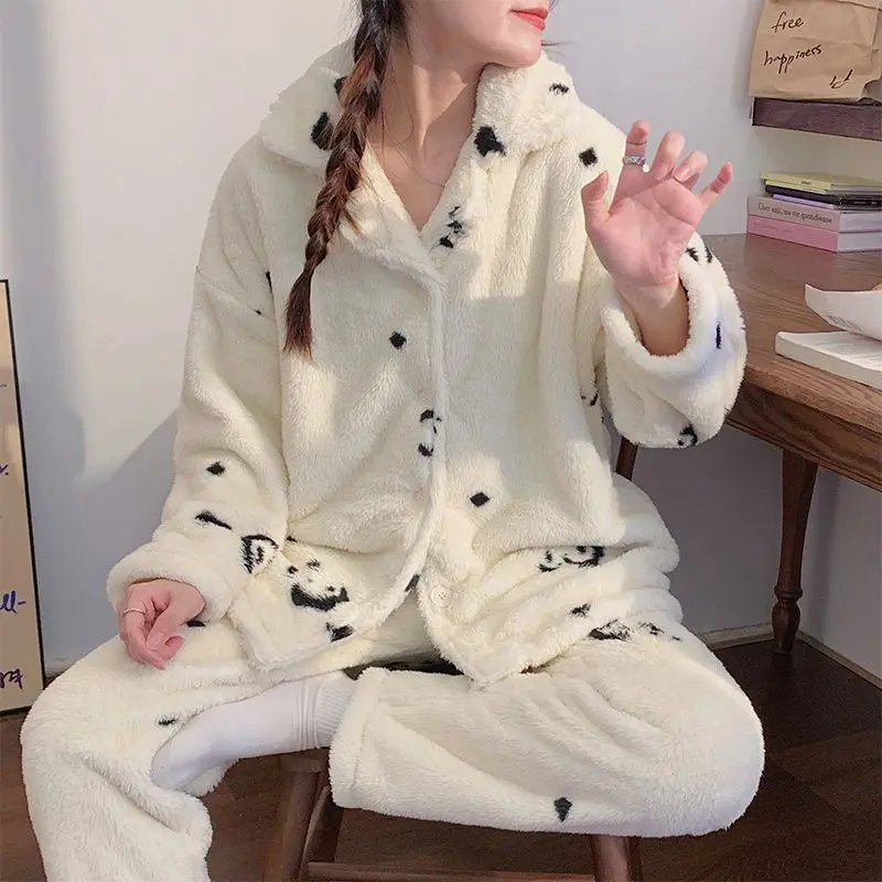 المرجان الصوف المرأة منامة الخريف الشتاء الفانيلا نموذج جديد الحلو فتاة الوجه الدفء Homewear رشاقته بيجامة مجموعة دعوى #6