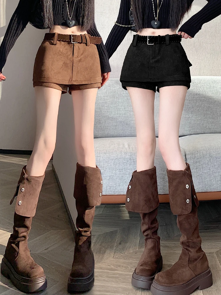 High Waist Deer Skin Velvet Half Skirt Women's Stylish A-Line  Skirt Retro Chic Slimming Short Skirt Pants for Autumn Winter