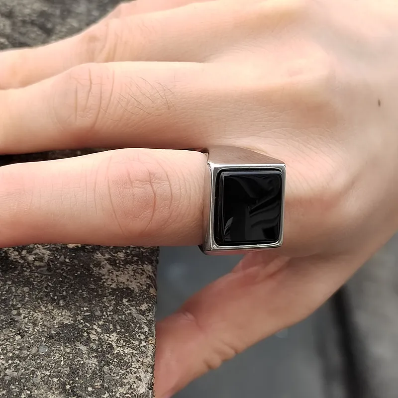 Classic Large Square Onyx Tiger Eye Rings Simple Geometric Men Stainless Steel Anniversary Jewelry Gift for Husband Boyfriend
