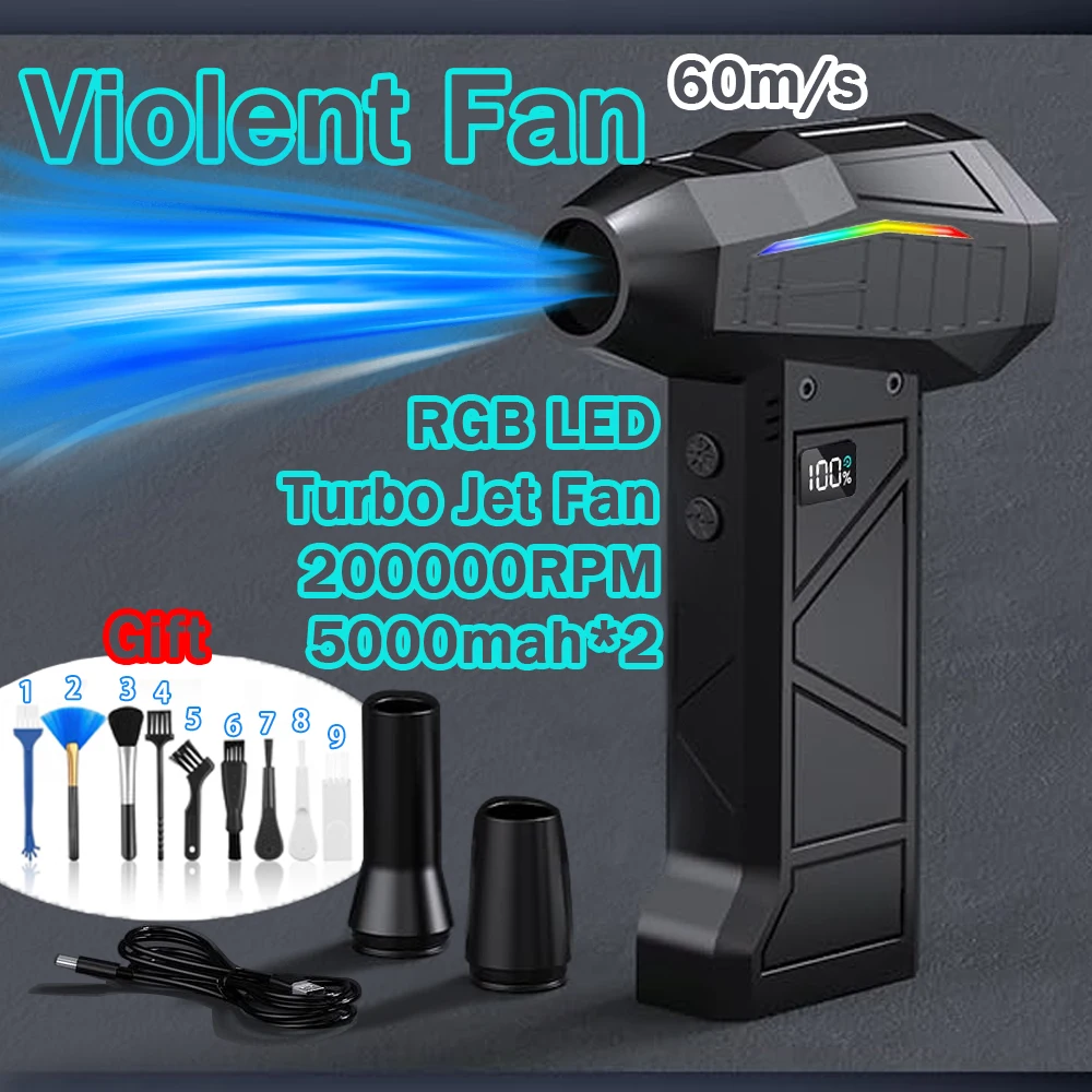 

Violent Fan 200000 об/мин Мощный воздуходувка Вакуумный пылесос C Зарядка Сильный ветер 60 м/с Бесщеточный турбоструйный вентилятор Очистка