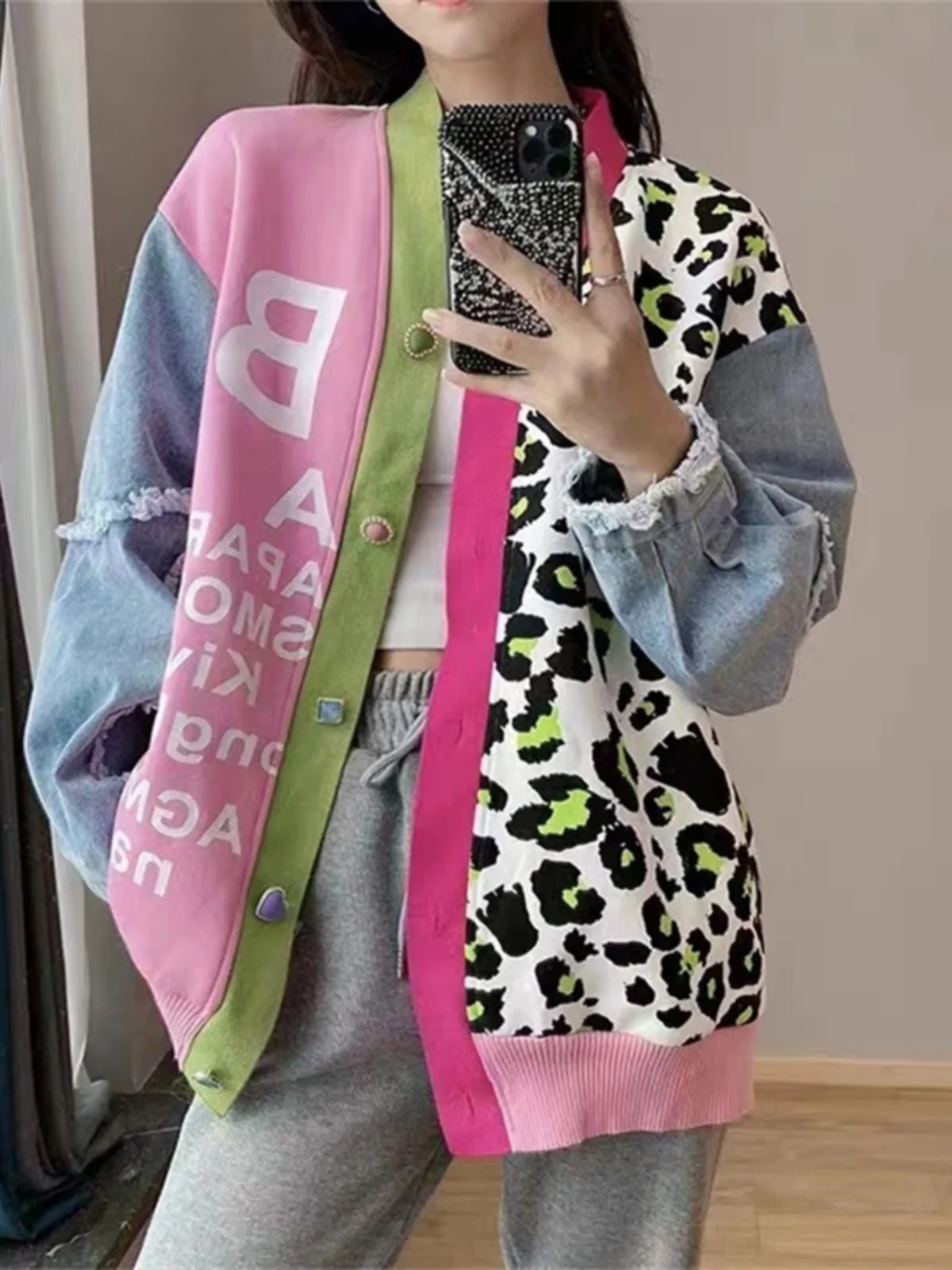 

Женский кардиган свободного кроя с контрастными вставками, уличный стиль, длинный рукав, круглый вырез, пуловер с флисовой подкладкой, стандартный крой, пальто