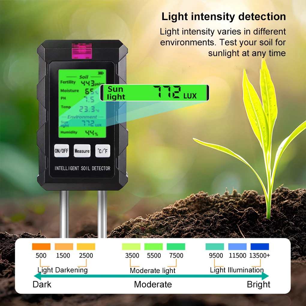 6 in 1 Soil Detector Digital Soil Tester pH Temperature Humidity Sunlight Air Moisture Nutrient Fertility Meter Gardening Tool