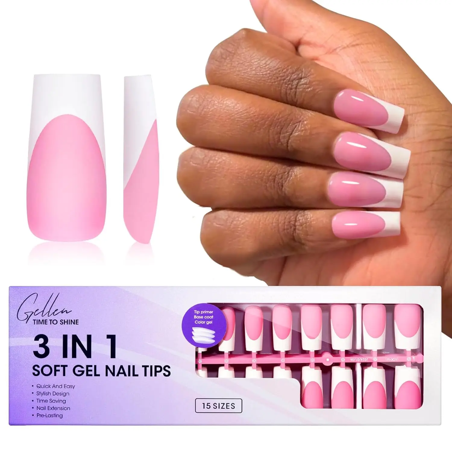 Gellen French Soft Gel Nail Tips Milky Pink Short 15 Sizes 150pcs for 3in 1 Handmade Press Nails Polish Fake Accessories