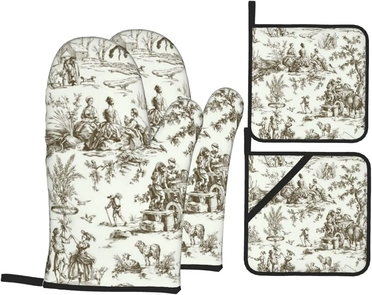 Brown French Country Toile Pattern Oven Mitts and Pot Holders Set of 4, Oven Mittens and Potholders Heat Resistant Gloves