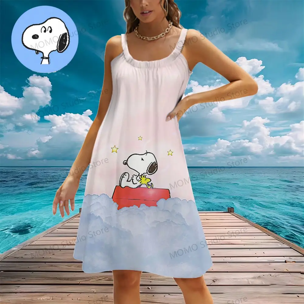 Kawaii Women's Beach Dresses Snoopy S-3XL Summer Sling Y2k Youthful Woman Clothes  New Dress 2024 Boho  Fashion