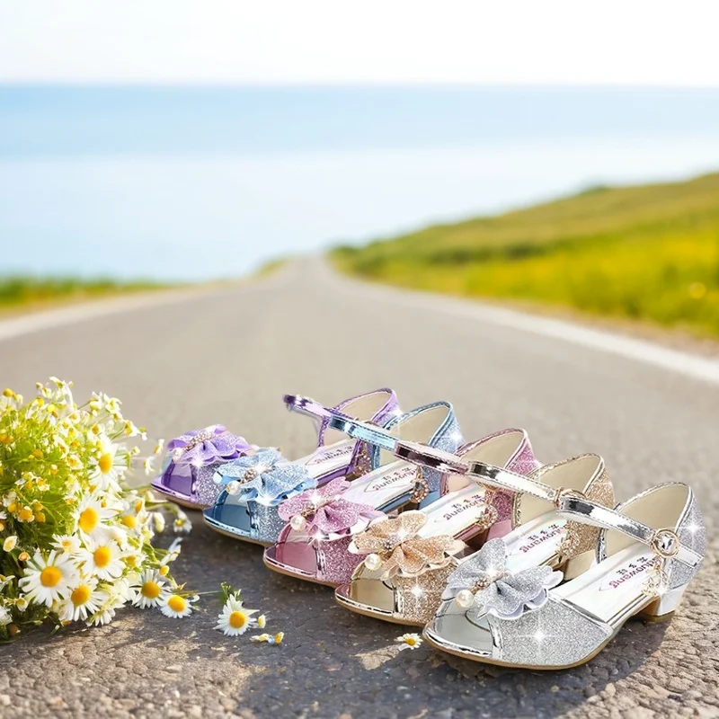 Girls Blue High-heeled Sandals Children's Sky Blue Sandalies New Bow Sandal Crystal Shoes Girls Students Cuhk Fish Mouth Sandals