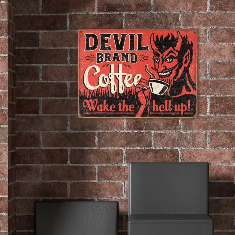 Targa in metallo metallizzato vintage Demon Coffee Wake Up To Hell, resistente alle intemperie, preforata per una facile sospensione, perfetta per il garage